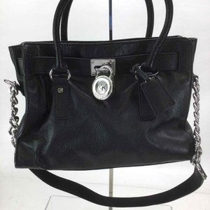 Michael Kors Hamilton Black Leather Lock Silver Chain Satchel Bag
